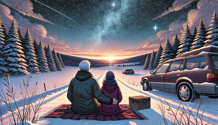 Couple on a snowy field, looking into the stars